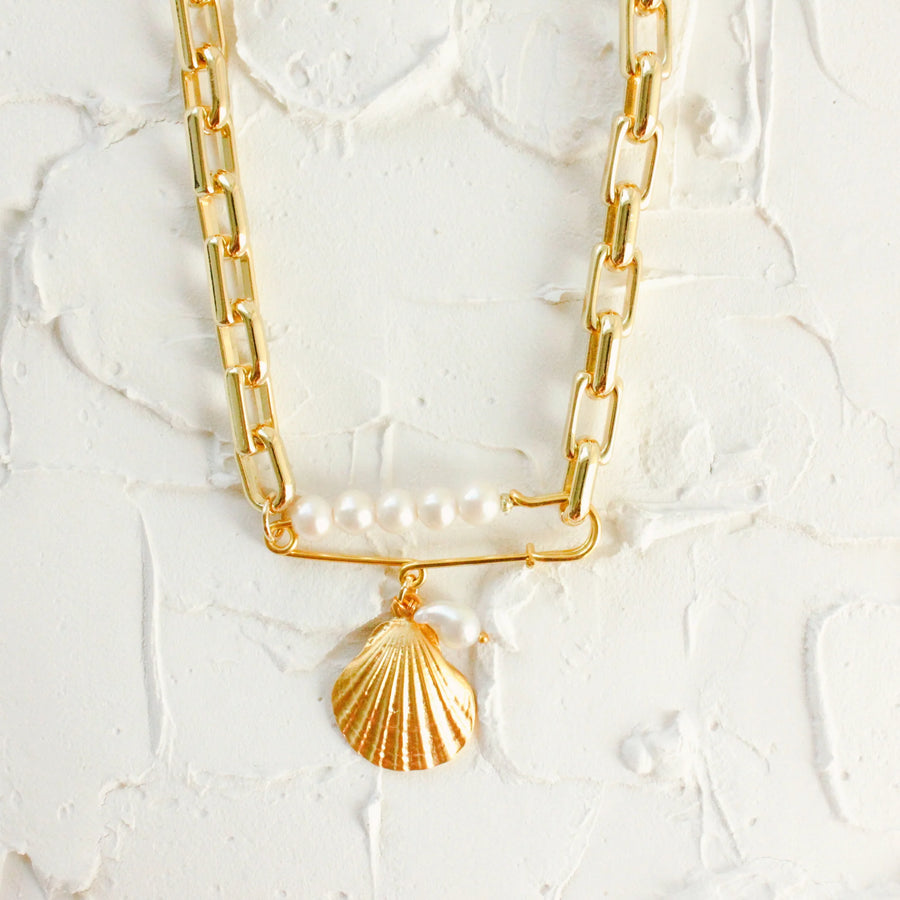 Shell & Pearl XL Paperclip Necklace