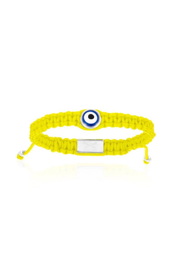 Yellow Nylon bracelet with Silver Lucky Evil Eye  S/M